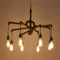 Aged Silver/Bronze Pipe Chandelier Lamp With Exposed Bulb - Rebooters