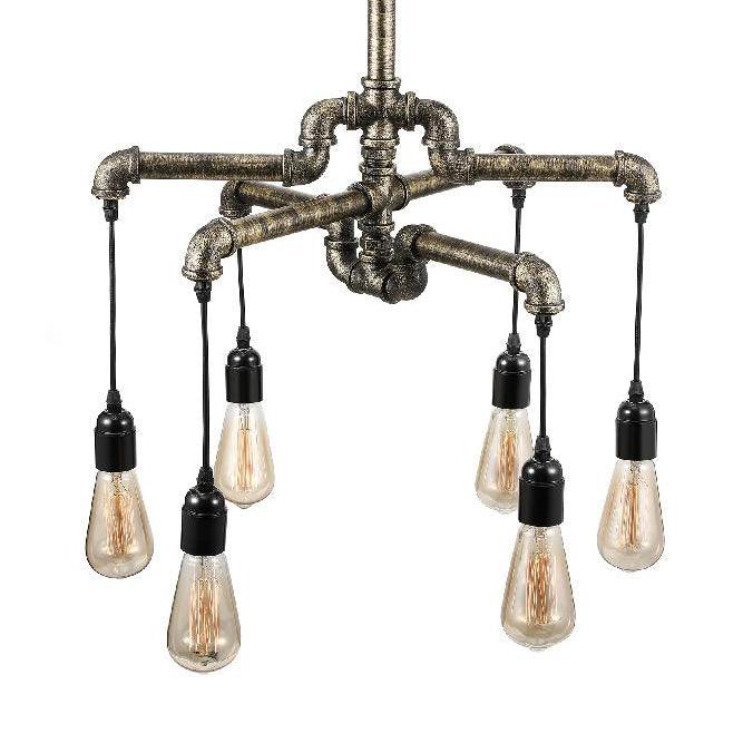 Aged Silver/Bronze Pipe Chandelier Lamp With Exposed Bulb - Rebooters