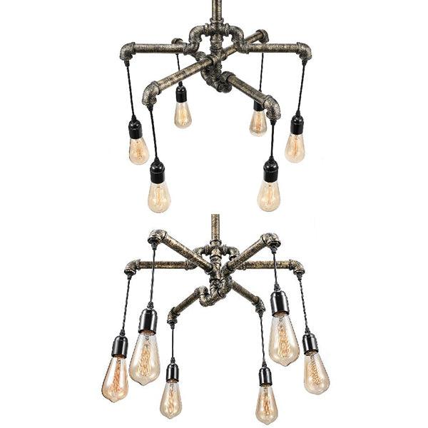 Aged Silver/Bronze Pipe Chandelier Lamp With Exposed Bulb - Rebooters