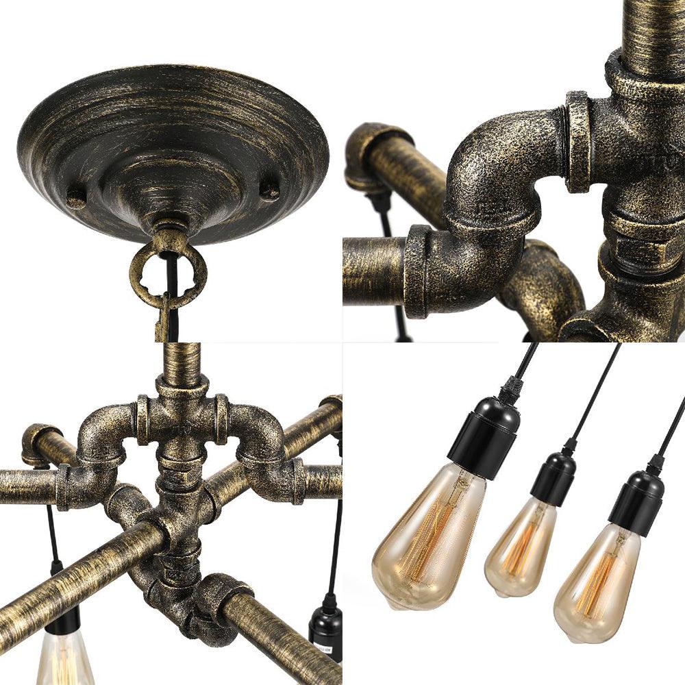 Aged Silver/Bronze Pipe Chandelier Lamp With Exposed Bulb - Rebooters