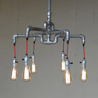 Aged Silver/Bronze Pipe Chandelier Lamp With Exposed Bulb - Rebooters