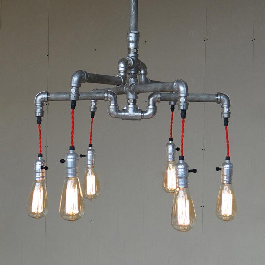 Aged Silver/Bronze Pipe Chandelier Lamp With Exposed Bulb - Rebooters