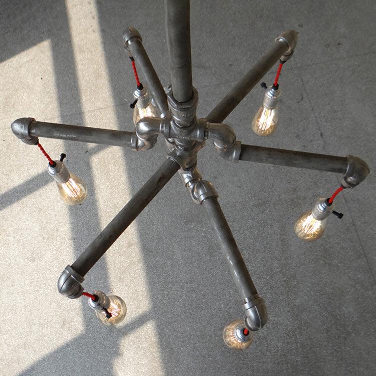 Aged Silver/Bronze Pipe Chandelier Lamp With Exposed Bulb - Rebooters