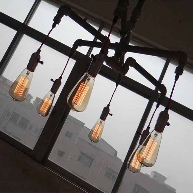 Aged Silver/Bronze Pipe Chandelier Lamp With Exposed Bulb - Rebooters