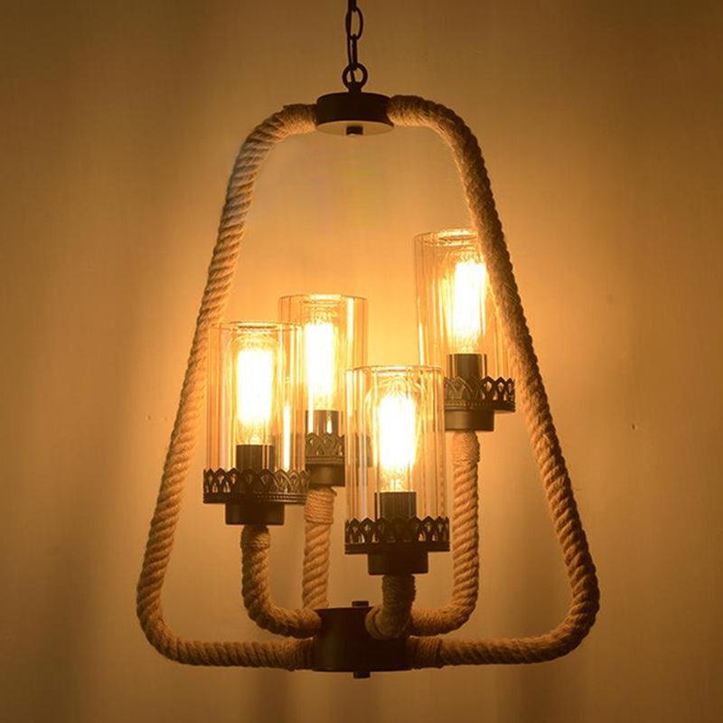 Beige 4 Lights Pendant Chandelier Traditional Rope Glass Light - Rebooters