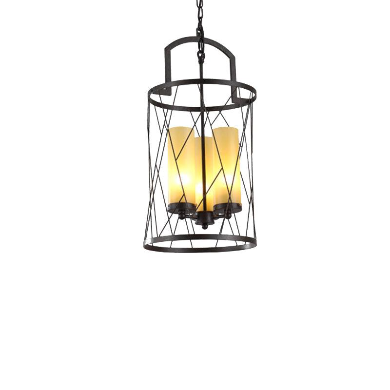 3 Light Pendant Light Traditional Cylinder Beige Glass Chandelier in Black - Rebooters