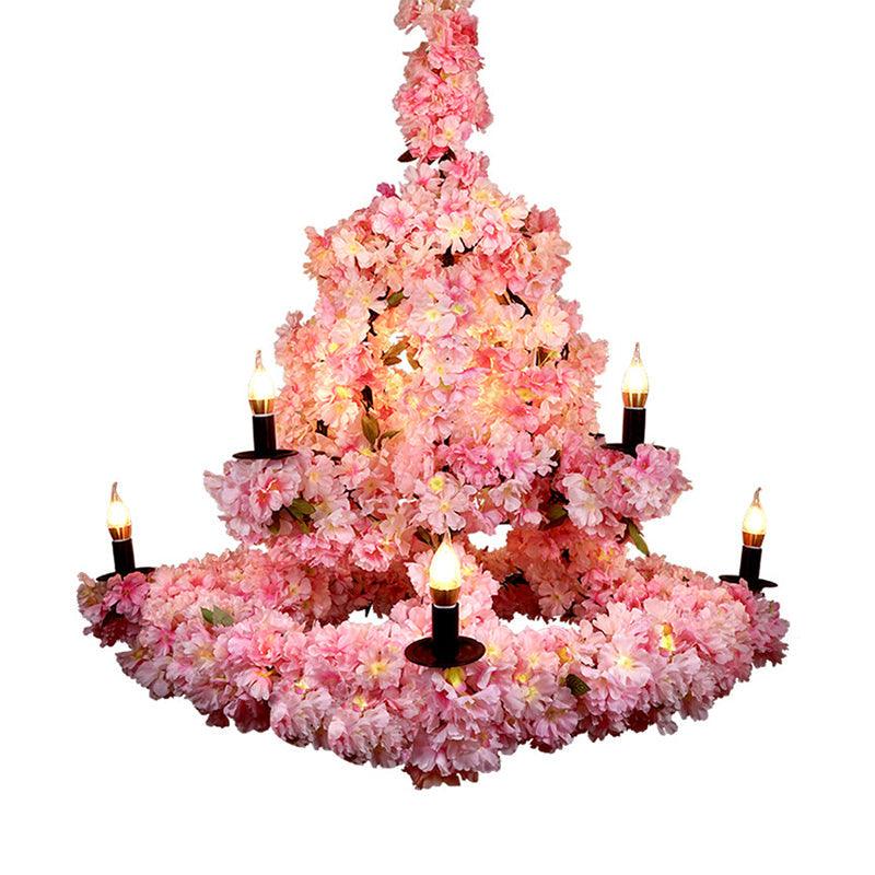 9 Bulbs Suspension Light Rustic Candlestick Metallic Chandelier Light with Cherry Blossom Decor - Rebooters