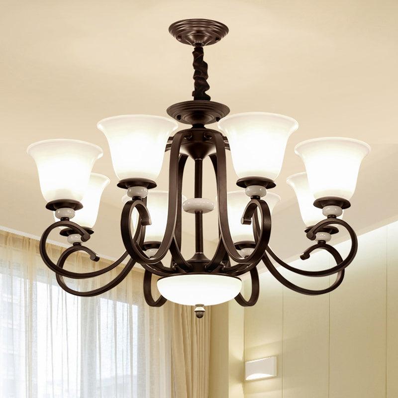 3/6/8 Lights Pendant Light Traditional Bell Frosted Glass Chandelier Dark Coffee - Rebooters