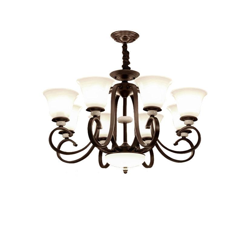 3/6/8 Lights Pendant Light Traditional Bell Frosted Glass Chandelier Dark Coffee - Rebooters