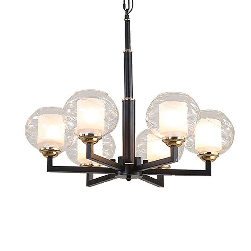 3/6/8 Bulbs Ceiling Lamp Globe Clear Textured Glass Traditional Living Room Chandelier Pendant Light in Black - Rebooters