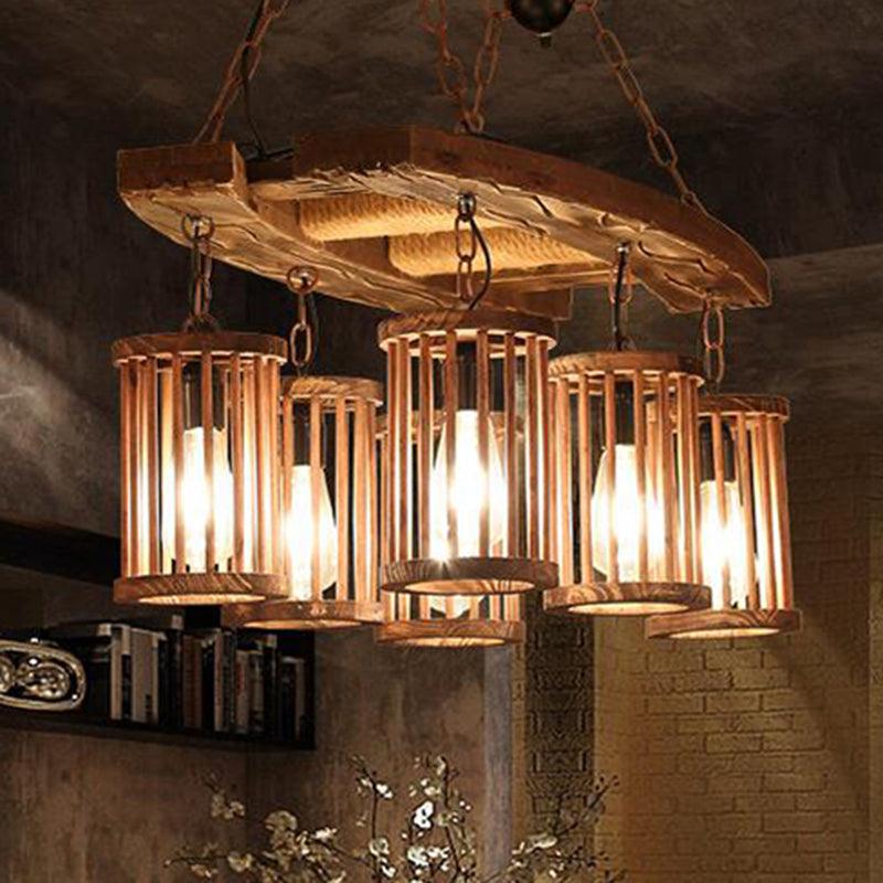 6-Light Wood Hanging Chandelier Vintage Black Cylinder Pendant - Rebooters