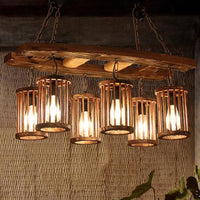 6-Light Wood Hanging Chandelier Vintage Black Cylinder Pendant - Rebooters