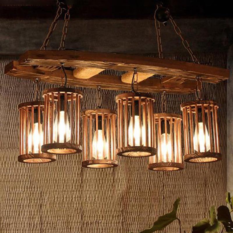 6-Light Wood Hanging Chandelier Vintage Black Cylinder Pendant - Rebooters
