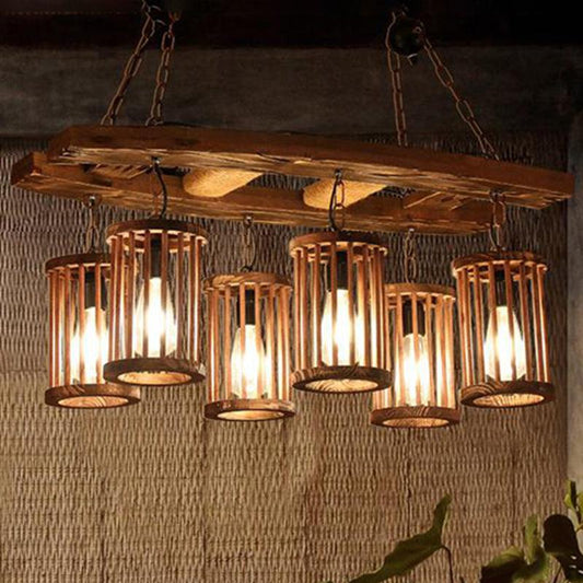 6-Light Wood Hanging Chandelier Vintage Black Cylinder Pendant - Rebooters