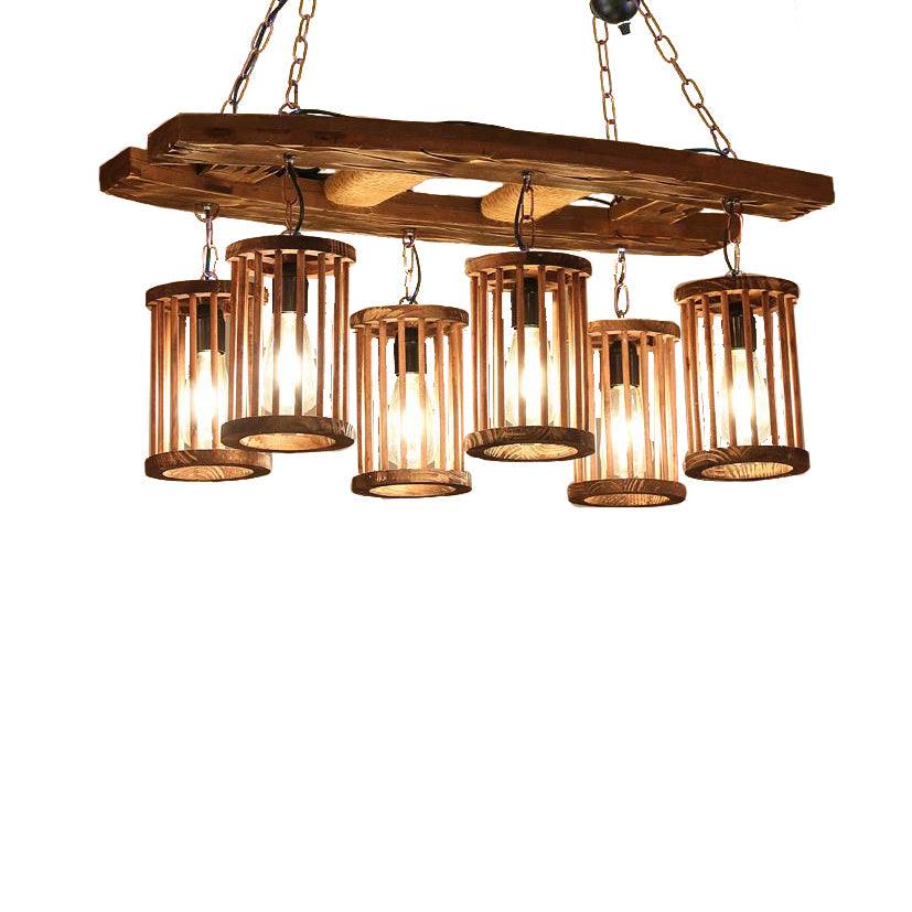 6-Light Wood Hanging Chandelier Vintage Black Cylinder Pendant - Rebooters