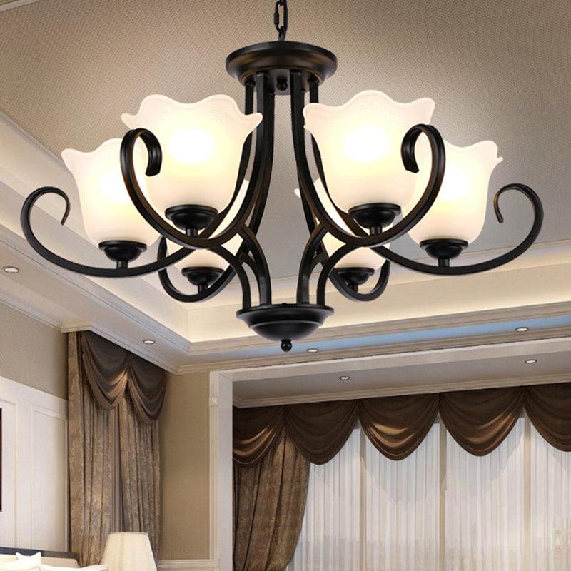 3/6/8 Lights Ceiling Light Traditional Flower Shape Frosted Glass Hanging Chandelier in Black - Rebooters