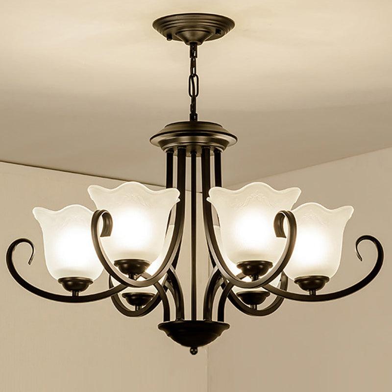 3/6/8 Lights Ceiling Light Traditional Flower Shape Frosted Glass Hanging Chandelier in Black - Rebooters