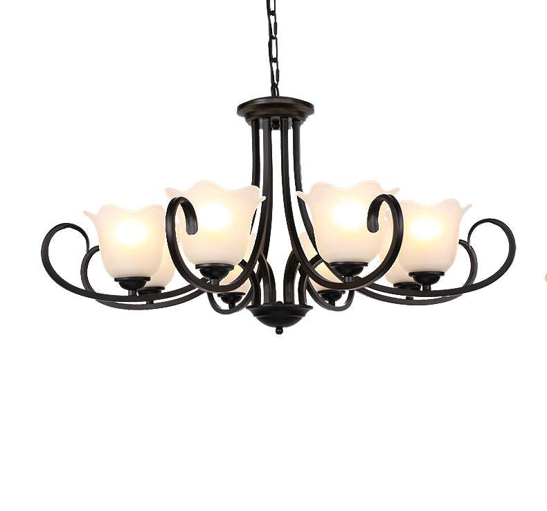 3/6/8 Lights Ceiling Light Traditional Flower Shape Frosted Glass Hanging Chandelier in Black - Rebooters