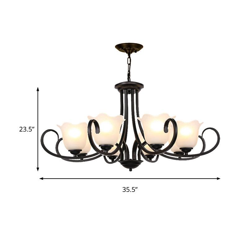3/6/8 Lights Ceiling Light Traditional Flower Shape Frosted Glass Hanging Chandelier in Black - Rebooters