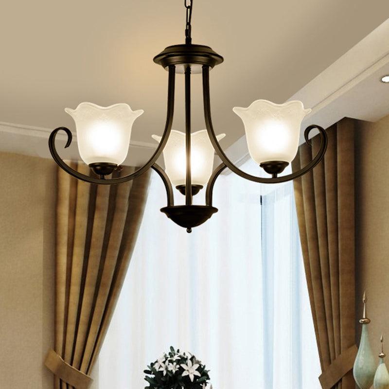 3/6/8 Lights Ceiling Light Traditional Flower Shape Frosted Glass Hanging Chandelier in Black - Rebooters