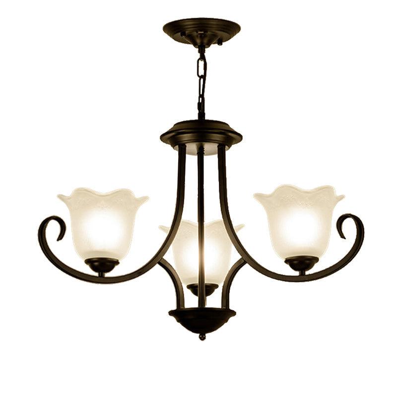 3/6/8 Lights Ceiling Light Traditional Flower Shape Frosted Glass Hanging Chandelier in Black - Rebooters