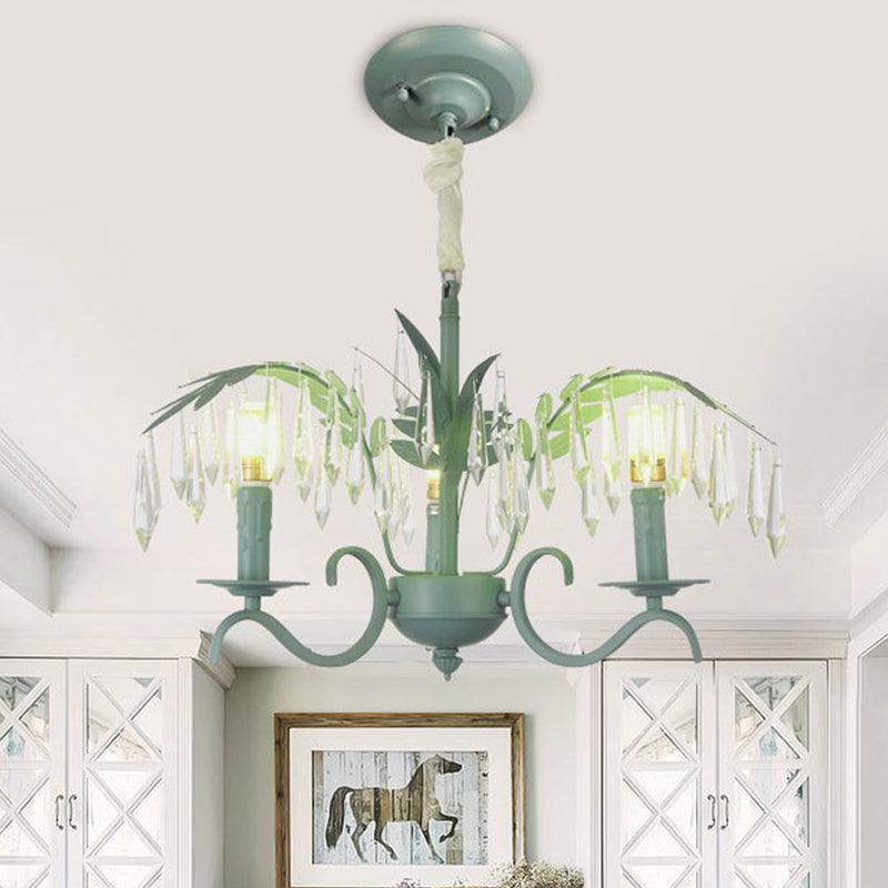 Metal Candle Hanging Light with Leaf & Crystal Restaurant 3 Lights Nordic Chandelier in Green - Rebooters