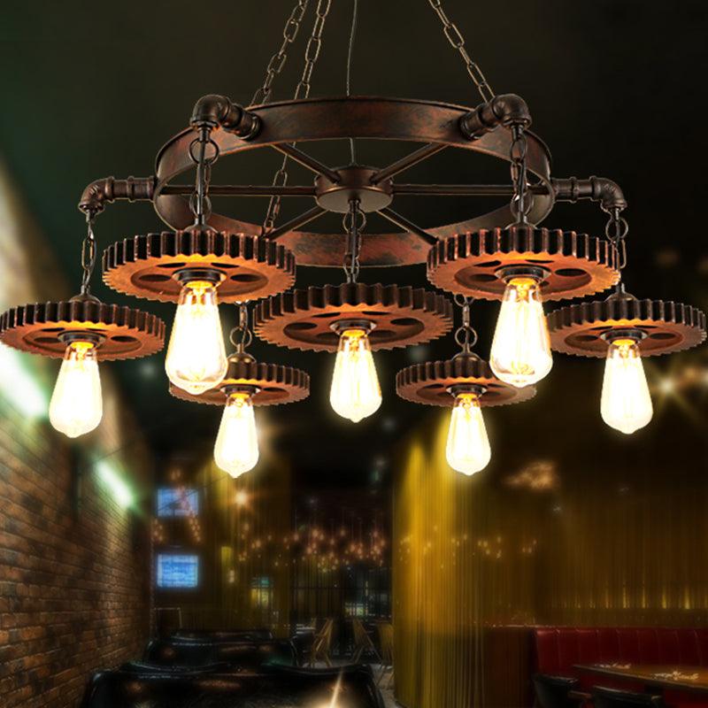 Antique Copper 7 Lights Chandelier Light Fixture Retro Industrial Metal Gear Shaped Pendant Lamp - Rebooters