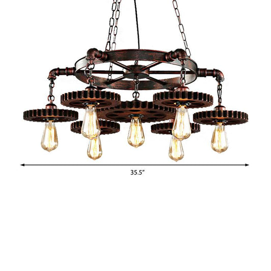 Antique Copper 7 Lights Chandelier Light Fixture Retro Industrial Metal Gear Shaped Pendant Lamp - Rebooters