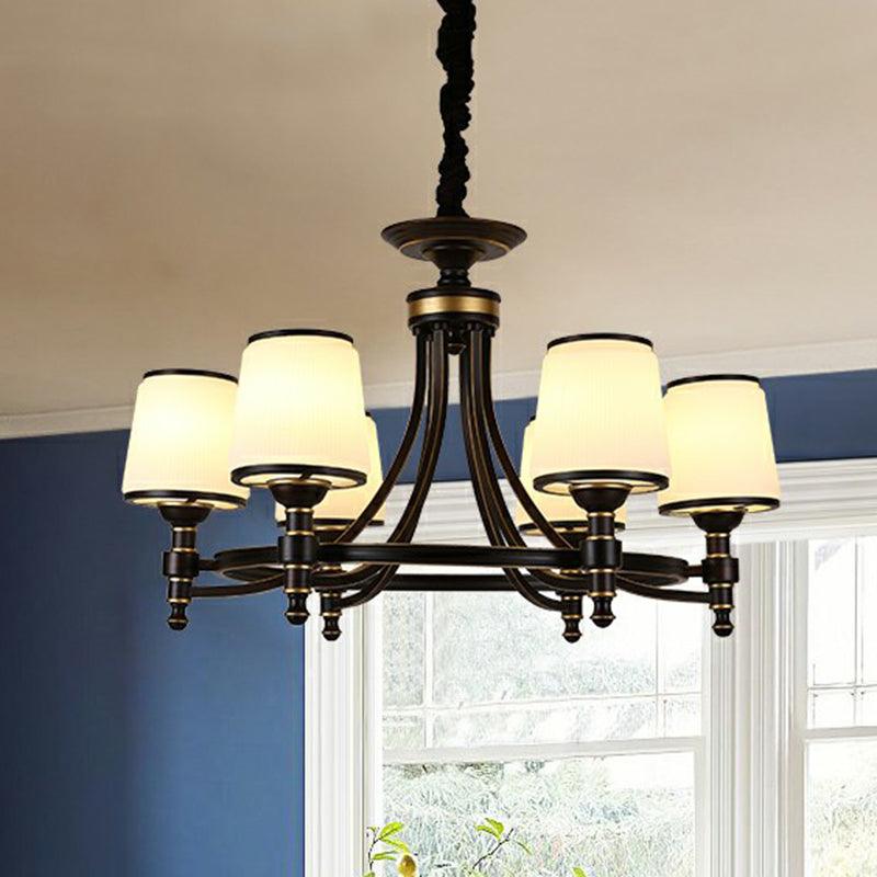 Black Tapered Shade Suspension Light Rustic Ribbed Glass Chandelier - Rebooters
