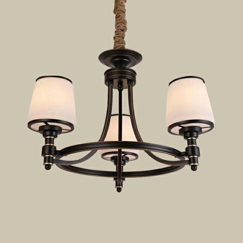 Black Tapered Shade Suspension Light Rustic Ribbed Glass Chandelier - Rebooters