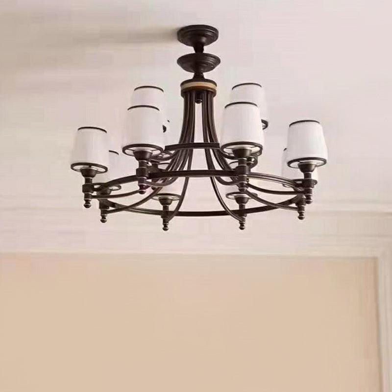 Black Tapered Shade Suspension Light Rustic Ribbed Glass Chandelier - Rebooters