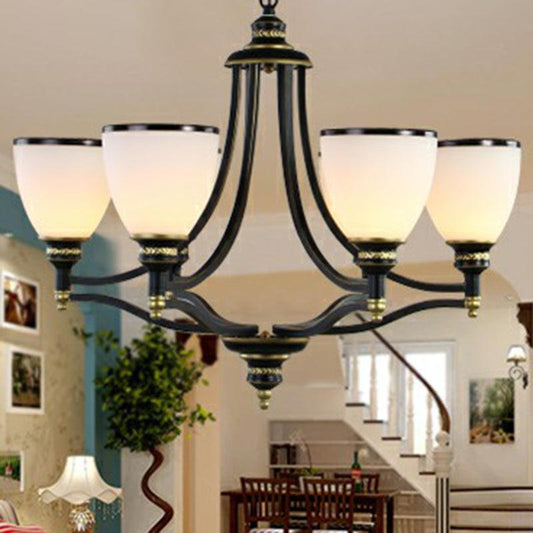 Bell Living Room Ceiling Lighting Traditional Opal Glass Black Chandelier - Rebooters