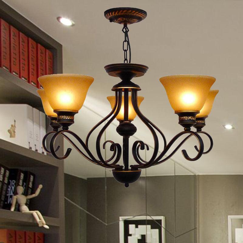 5 Lights Beige Frosted Glass Hanging Chandelier Black Bell - Rebooters