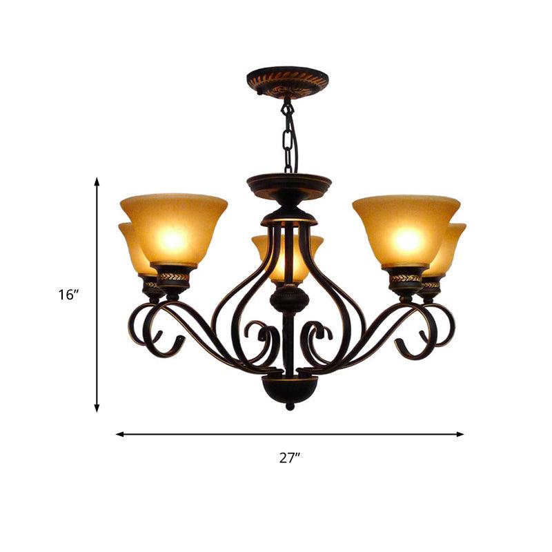 5 Lights Beige Frosted Glass Hanging Chandelier Black Bell - Rebooters