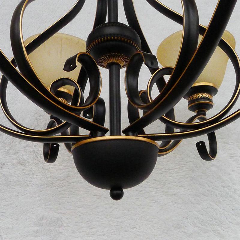 5 Lights Beige Frosted Glass Hanging Chandelier Black Bell - Rebooters