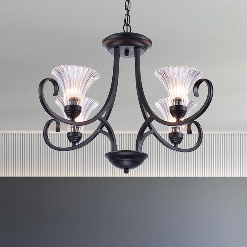 Bell Living Room Ceiling Chandelier Clear Ribbed Glass 4/6/8 Lights Black Fixture - Rebooters