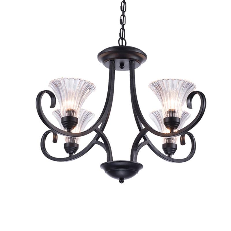 Bell Living Room Ceiling Chandelier Clear Ribbed Glass 4/6/8 Lights Black Fixture - Rebooters