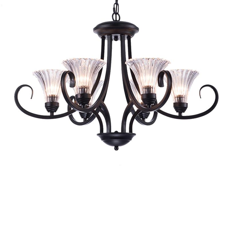 Bell Living Room Ceiling Chandelier Clear Ribbed Glass 4/6/8 Lights Black Fixture - Rebooters