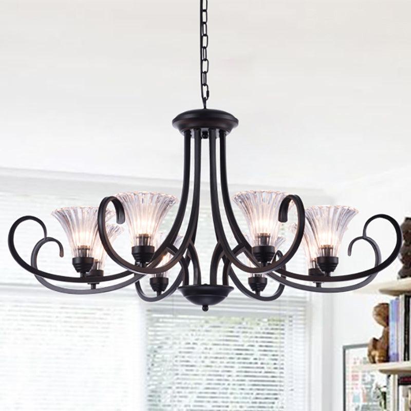 Bell Living Room Ceiling Chandelier Clear Ribbed Glass 4/6/8 Lights Black Fixture - Rebooters