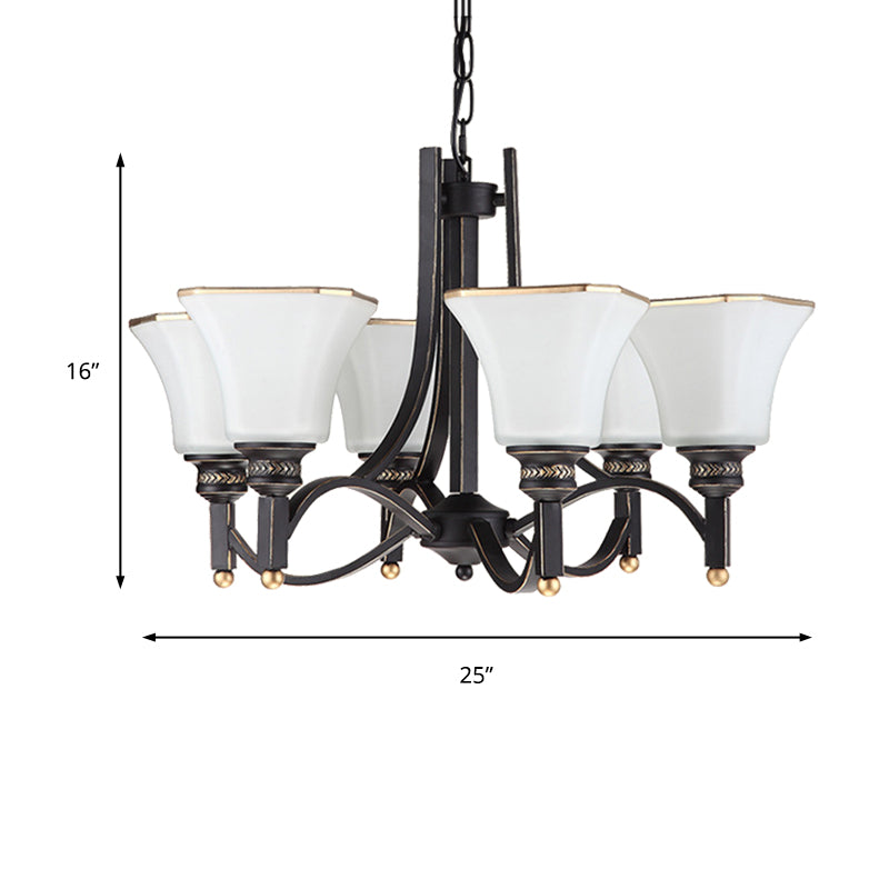 White Glass Bell Hanging Chandelier Traditional 3/6 Lights Living Room Pendant Light in Black - Rebooters