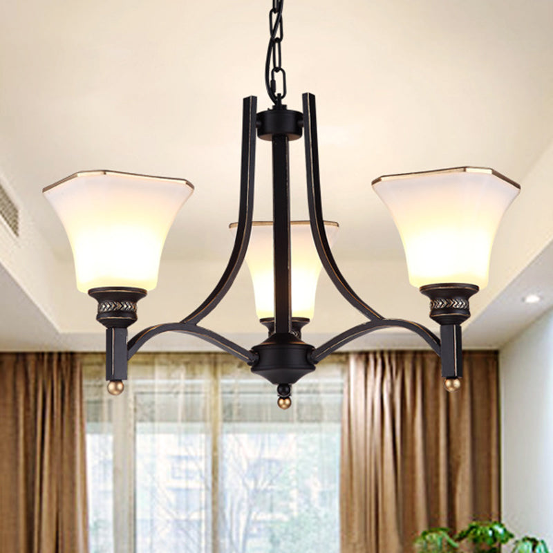 White Glass Bell Hanging Chandelier Traditional 3/6 Lights Living Room Pendant Light in Black - Rebooters