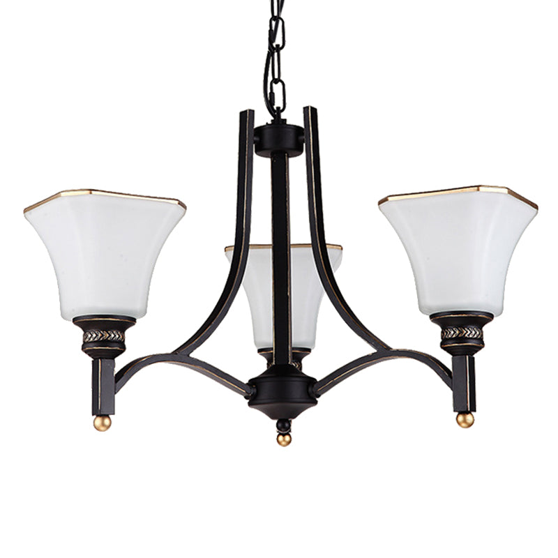 White Glass Bell Hanging Chandelier Traditional 3/6 Lights Living Room Pendant Light in Black - Rebooters