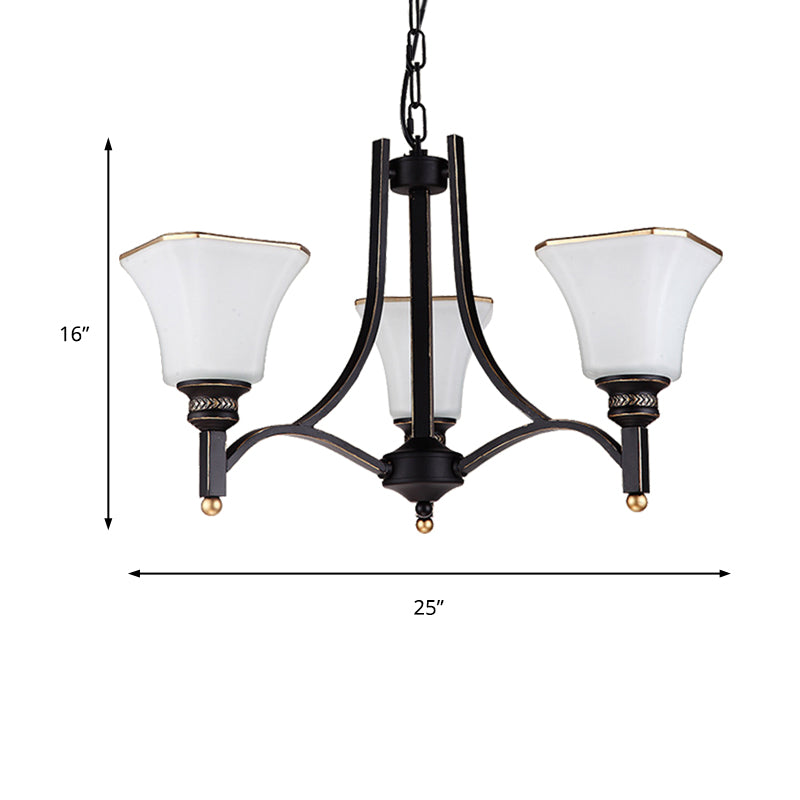 White Glass Bell Hanging Chandelier Traditional 3/6 Lights Living Room Pendant Light in Black - Rebooters