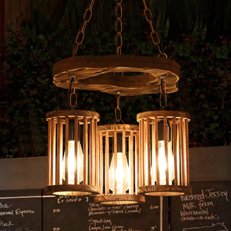 3-Light Wood Hanging Chandelier Industrial Black Cylinder Fixture - Rebooters