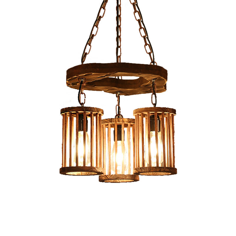 3-Light Wood Hanging Chandelier Industrial Black Cylinder Fixture - Rebooters