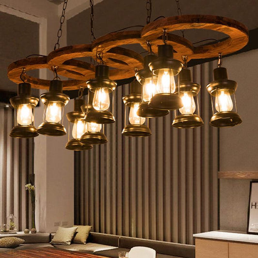 Black 10 Lights Chandelier Light Fixture Vintage Clear Glass Lantern Pendant Lamp with Wooden Shelf - Rebooters