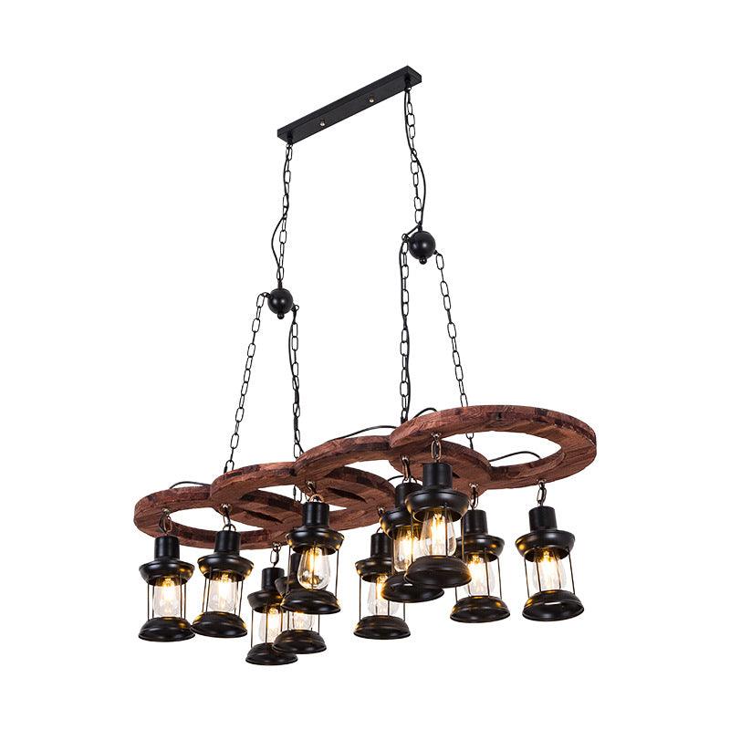 Black 10 Lights Chandelier Light Fixture Vintage Clear Glass Lantern Pendant Lamp with Wooden Shelf - Rebooters