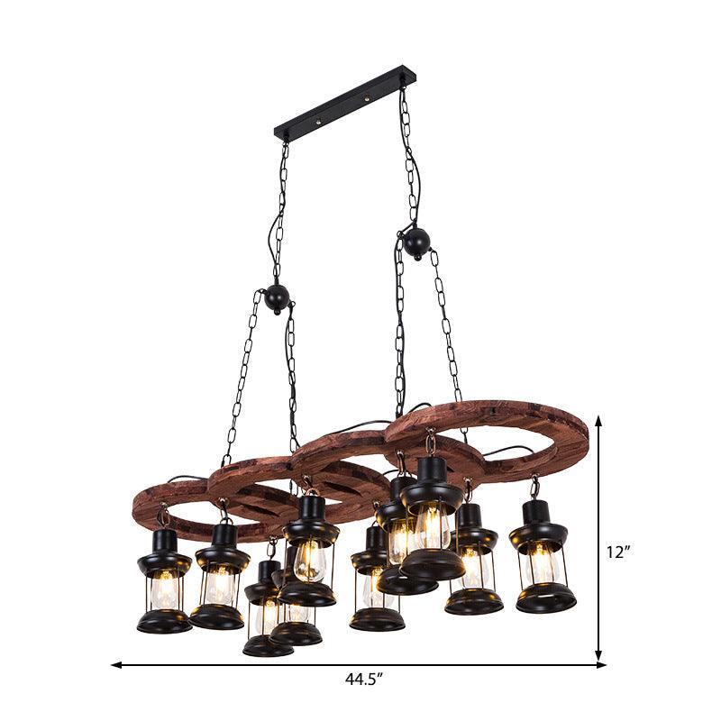 Black 10 Lights Chandelier Light Fixture Vintage Clear Glass Lantern Pendant Lamp with Wooden Shelf - Rebooters