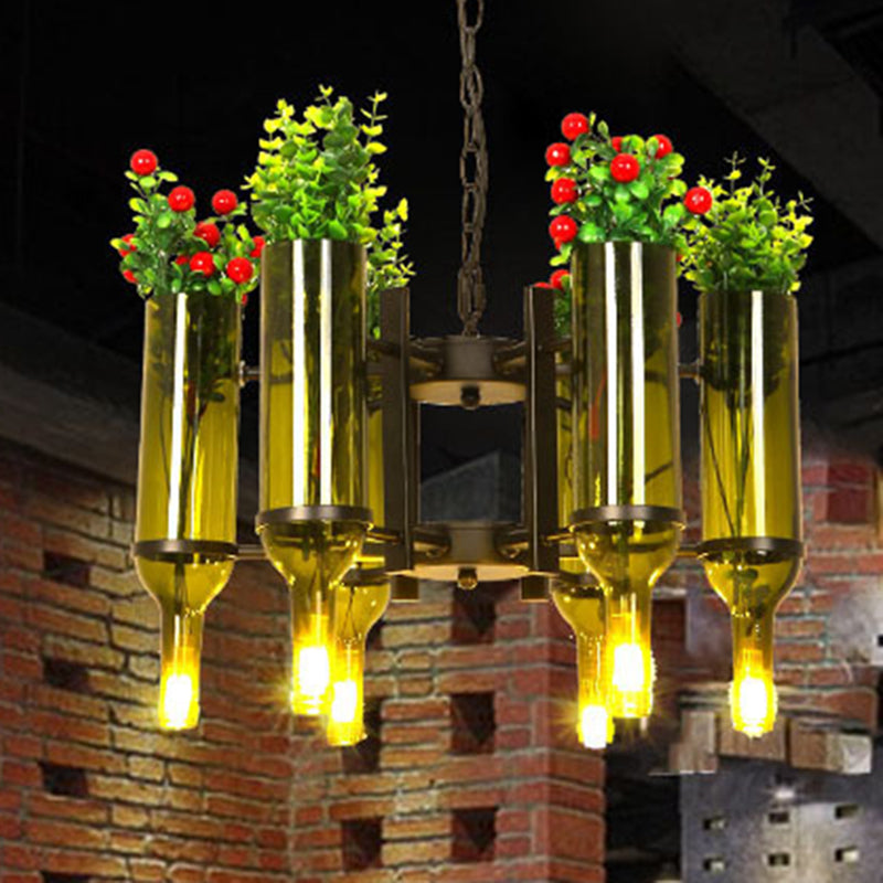 Wine Bottle Green Glass Chandelier Light Industrial 6-Light Dining Room Pendant Lighting with Flower - Rebooters