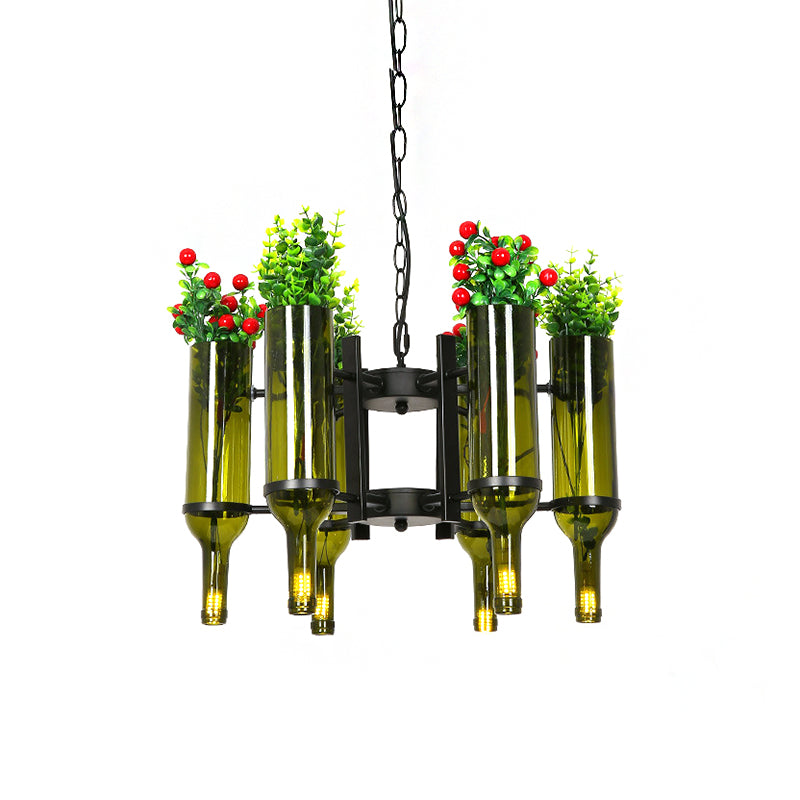 Wine Bottle Green Glass Chandelier Light Industrial 6-Light Dining Room Pendant Lighting with Flower - Rebooters